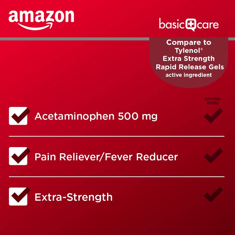 Amazon Basic Care Rapid Release Acetaminophen Caplets 500 mg, Extra Strength Pain Reliever and Fever Reducer, 400 Count (Pack of 4)