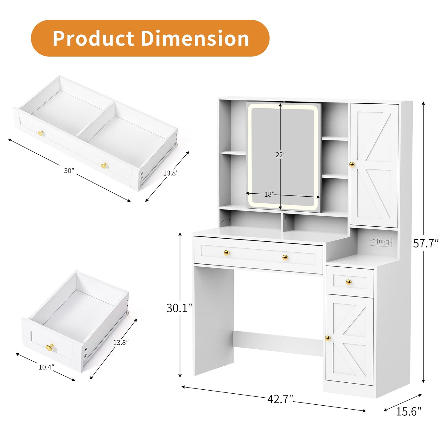 Pamapic Glass Top Farmhouse Vanity Desk with Mirror and Lights, Sliding LED Mirror Makeup Vanity with 3 Golden Handles Drawers and 12 Compartments, Jewelry Organizer 3 Color Dressing Table, Bedroom