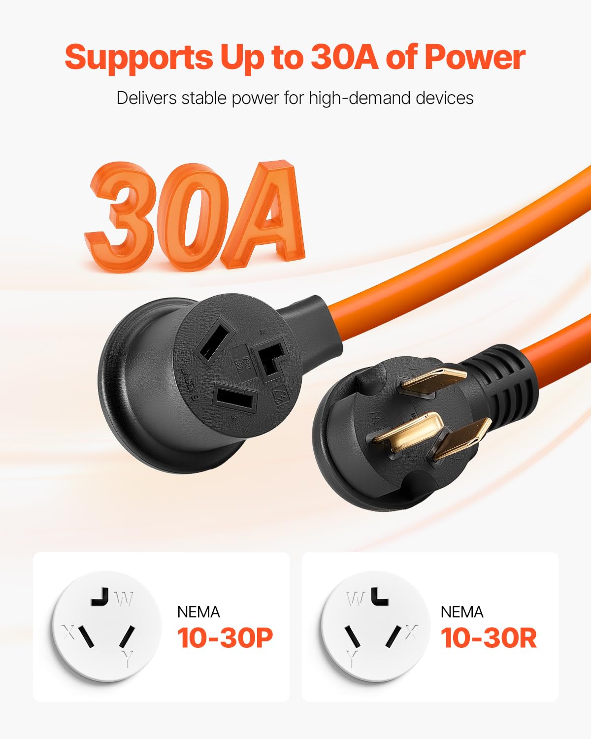 Vevor 25 Ft Dryer Extension Cord, 3-Prong Nema 10-30P To 10-30R Dryer Cord, 125V/250V Stw 10Awg/3C, 30A, Pure Copper Wire Cable