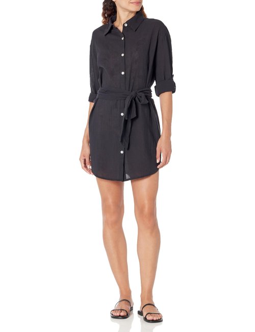 Becca by Rebecca Virtue Women's Standard Gauzy Shirt Dress, Collared Button-Up, Beach Cover Ups, Black
