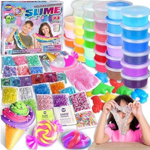 33 Cups Jumbo Slime Kit for Kids, FunKidz Premade Ultimate Slime Pack to DIY Soft, Cloud, Clear, Butter, Glitter, Glow in ...