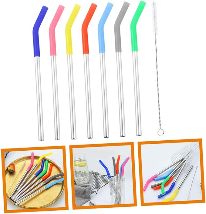 Stainless Steel Drinking Straws Set with Mixed Color Silicone Covers and Cleaning Brush Reusable Straws for Smooth Beverage Flow Rust-resistant Material Kit