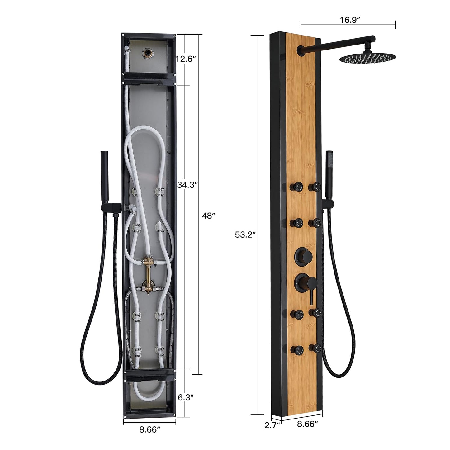 BWE Stainless Steel Shower Panel Tower System 8 Jets Multi-Function Shower Panel System Black and Bamboo Panel with Handheld Wand Wall Mount Shower Column