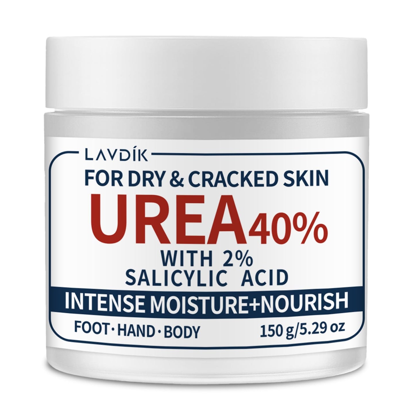LAVDIK 40% Urea Cream with 2% Salicylic Acid, Maximum Strength Moisturizer for Dry, Cracked Skin on Feet, Hands, Heels, Elbows,