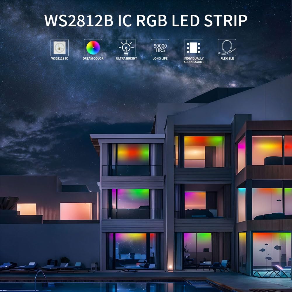 LOAMLIN WS2812B IC RGB 5050SMD ECO Individual Addressable LED Strip Light, 16.4FT 300LED 60LED/m Flexible Full Color IP67 Waterproof DC5V Black PCB for DIY Project (No Power Adapter or Controller)