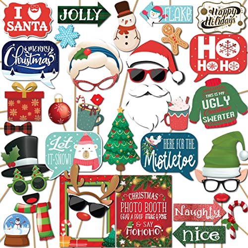 Christmas Photo Booth Props - 41-pc Photobooth Kit with 8 x 10-Inch Sign, 60 Adhesive Pads, 45 Sticks - Christmas Photoboo...