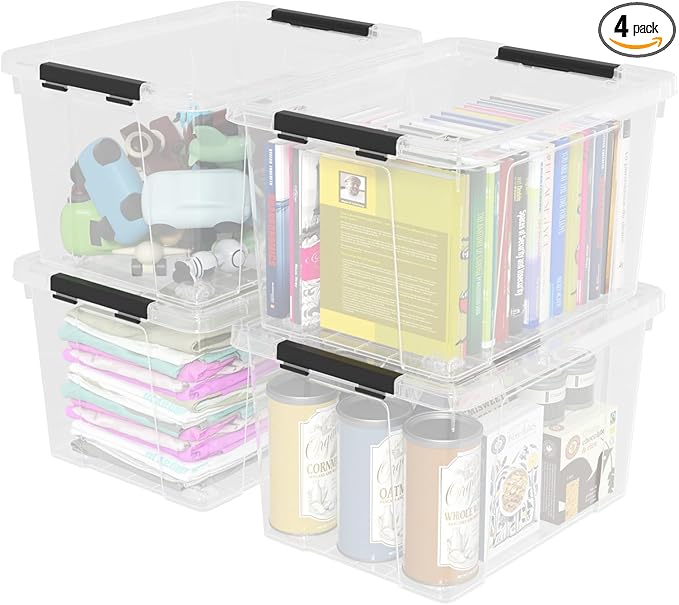 40 Quart Plastic Storage Bin with Lid, Clear Storage Tote Bin, Pack of 4