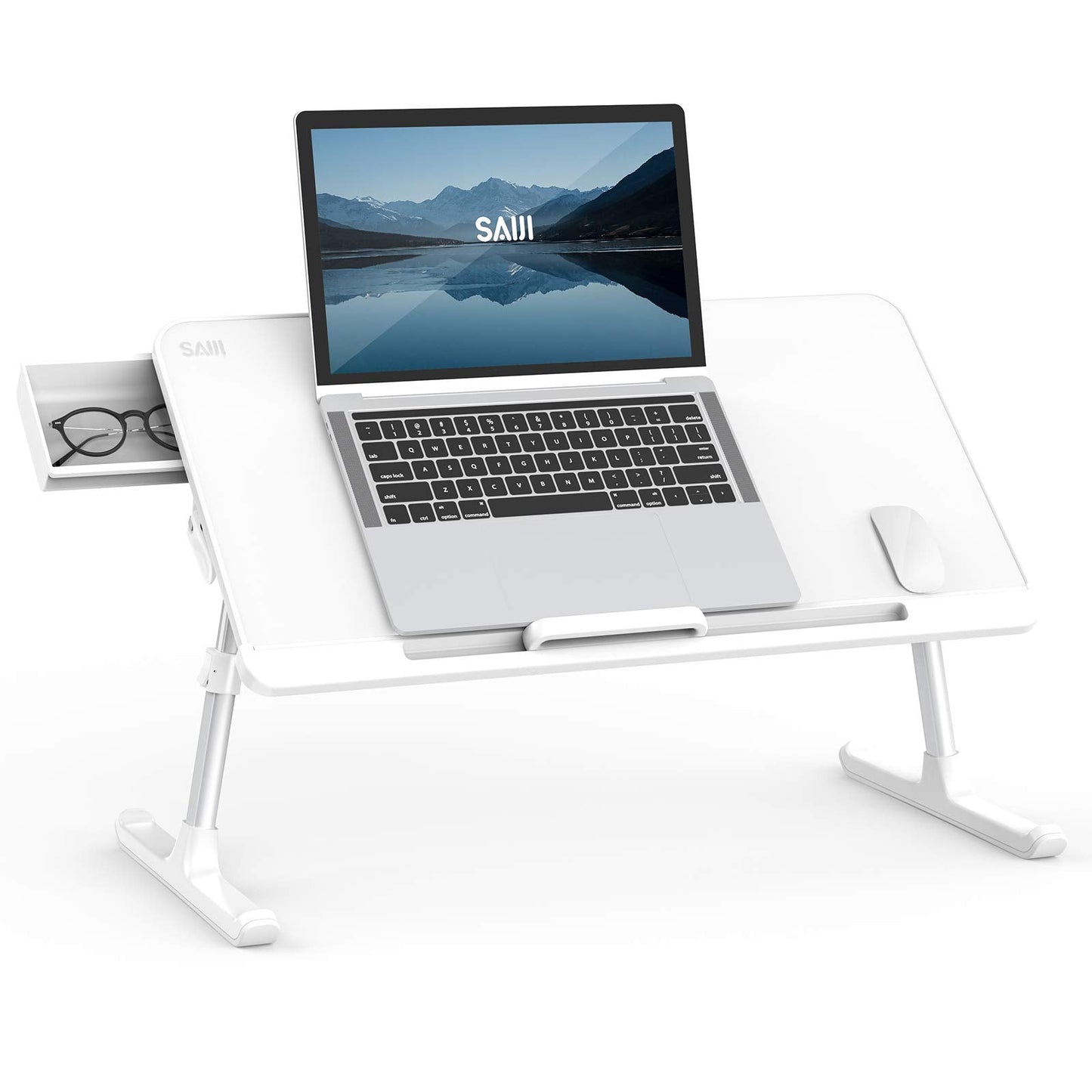 SAIJI Laptop Bed Tray Table, Adjustable PVC Leather Laptop Bed Table, Portable Standing Desk with Storage Drawer, Foldable Lap Tablet Table for Sofa Couch Floor (Large,White)