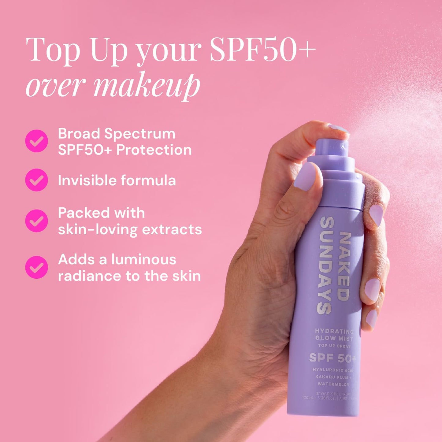 Naked Sundays SPF 50+ Hydrating Glow Face Mist, Daily Facial Setting Spray & Sunscreen for Healthy Skin, Lightweight & Non-Greas