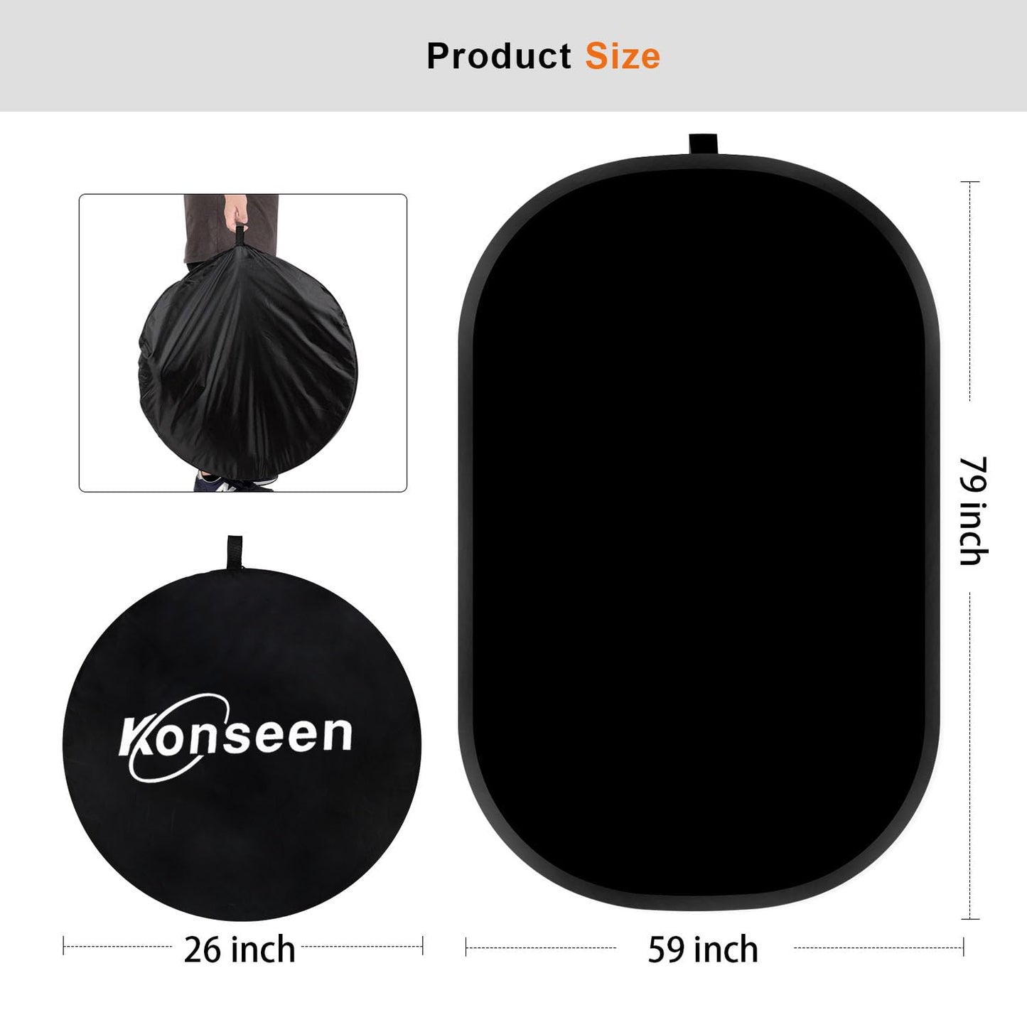 Konseen 4 in 1 Collapsible Pop Up Backdrop Reflector Panel for Photographys 1.5x2 M/5x6.5feet Chromakey 100% Cotton Muslin Black White Reversible Photo Background Screen with Carry Bag