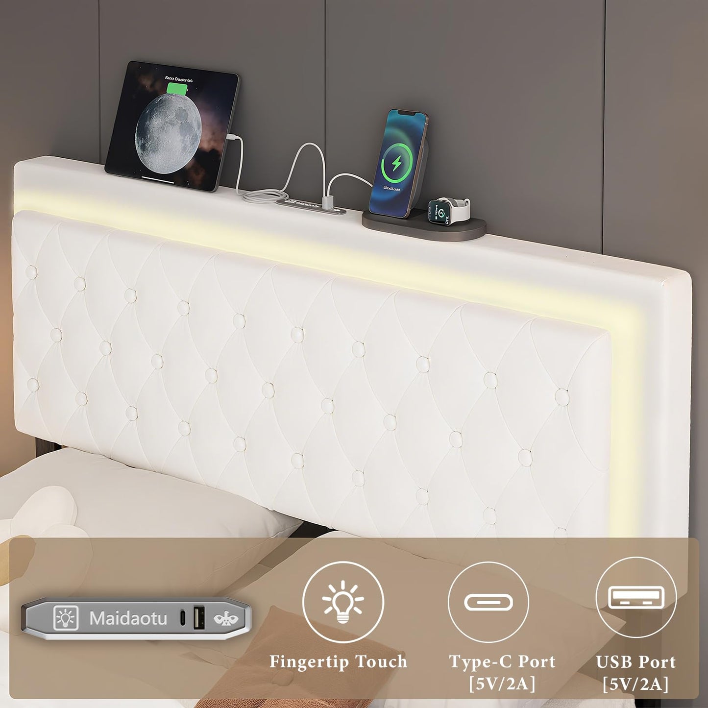 Queen Bed Frame with Sliding Barn Door Storage Cabinets,Bed Frame Queen Size Button Tufted Platform with Adjustable Comfortable Headboard,LED Lights,Charging Station,Solid Wooden Slats,Noiseless