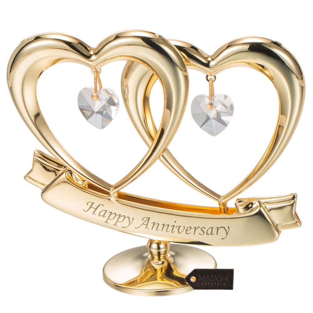 Matashi 24K Gold Plated Anniversary Heart Sculpture with Crystals – Double Heart Statue - Perfect Christmas and Holiday Gift and Premium Quality Cake Topper