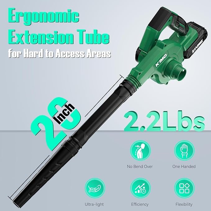 K I M O. Cordless Leaf Blower and Vacuum Combo 4 In 1, 3 Nozzles for Inflation and Deflation, 190MPH, Control Panel with 3 Speeds, 20" Extended Tube, 2 Pack Battery Operated Leaf Blowers for Lawn Care