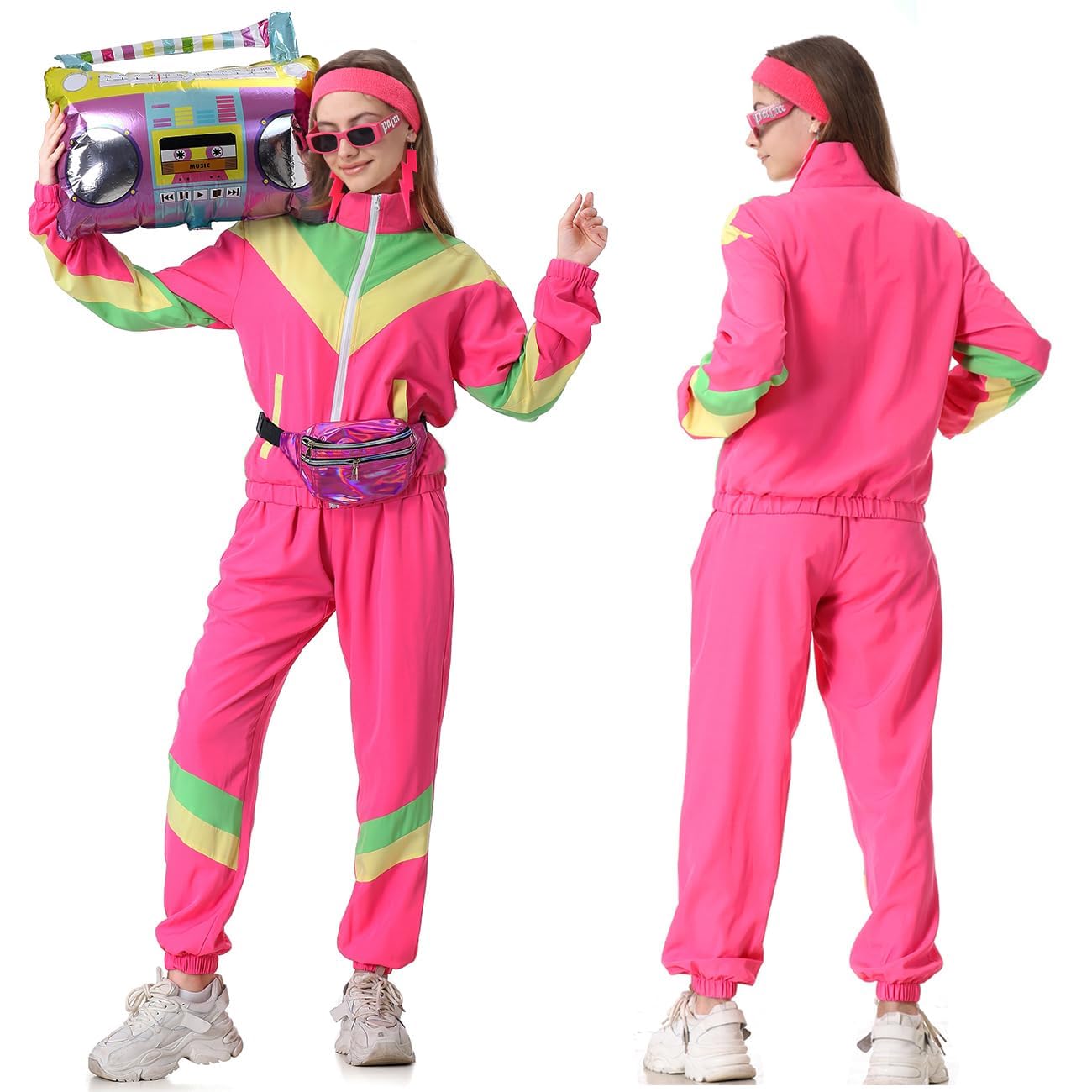 Coseaon 80s Tracksuit for Women Retro Windbreaker Outfit 90s Color Block Sportswear Set with Jacket Sweatpants (Pink, XL)