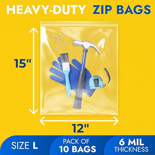 12" x 15" Large Zip Seal Lock Bags, 6 Mil (Pack of 10) – Heavy-Duty Reclosable Plastic Bags – Clear, Resealable, Waterproof – For Storing and Organizing Clothes, Jewelry, and Travel Items