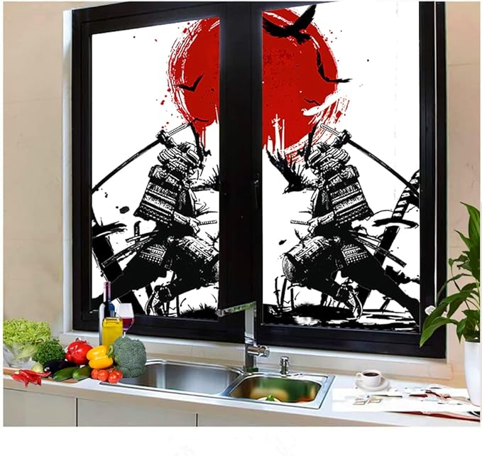 Japanese Samurai Stained Glass Film Watercolor Ink Samurai Sword Red Sun Printwindow Tinting Film for Home,Window Film Stained Glass 17.7Wx23.6L-Inch X2Pcs