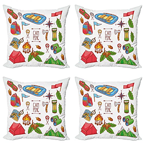 Lunarable Camper Throw Pillow Cushion Case Pack of 4, Camping Lifestyle Equipments a Boat Compass Map Ax Tent Tourism Illu...