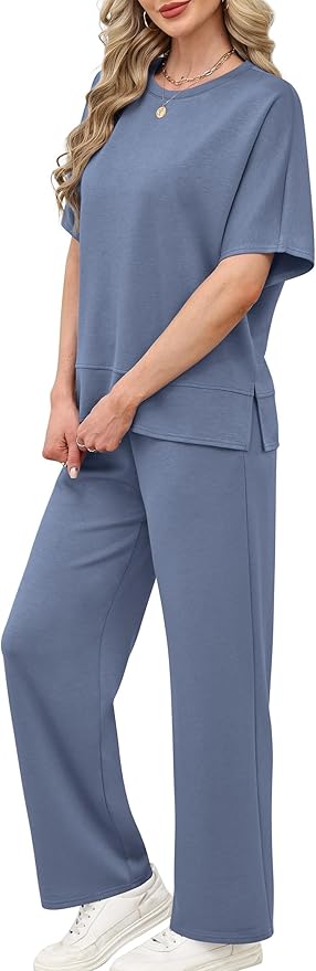 XIEERDUO Women's Side Slit Lounge Sets 2 Piece Travel Outfits Airport Tracksuit Oversized Wide Leg Loungewear S-3XL
