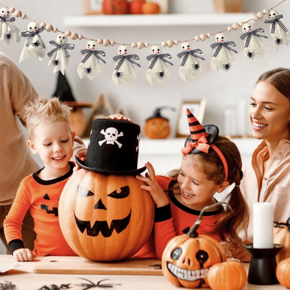 Vellibring 8.2Ft Halloween Ghost Garlands Decorations,Cute Fabric Ghost Banner with Wooden Beads Halloween Rustic Hanging Ghost Garlands for Room Indoor Party Wall Fireplace Doorway Decor