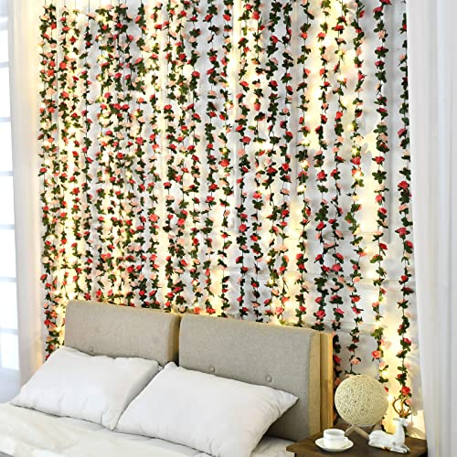 BLEUM CADE 5Pcs 41Ft Flower Garland Artificial Rose Vines with 32.8Ft String Lights, Cute Fake Hanging Flower Vines Floral...