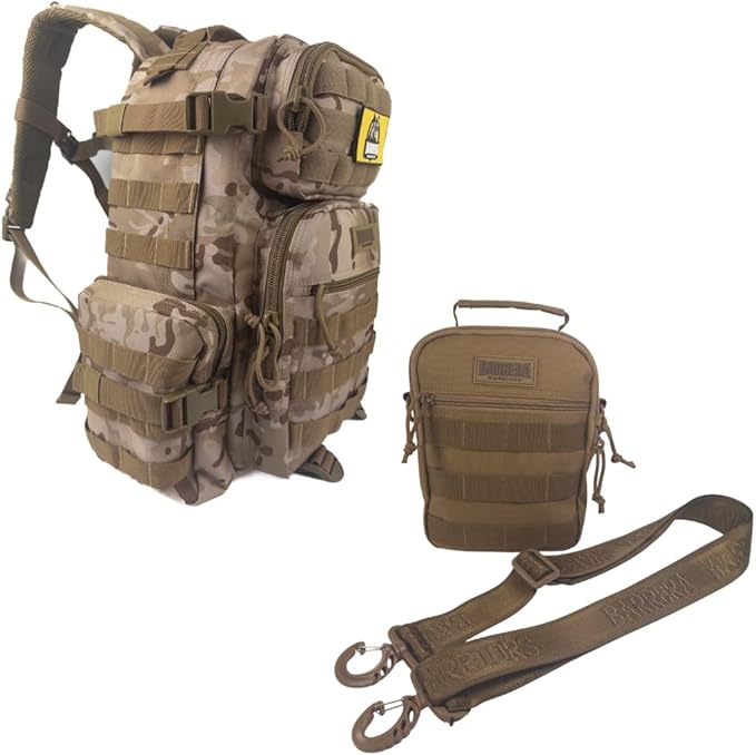BARRERA warriors Tactical Backpack 25l & Sling Bag Set – Military Camo Backpack + Brown MOLLE Sling Bag, Crossbody bag- Te...