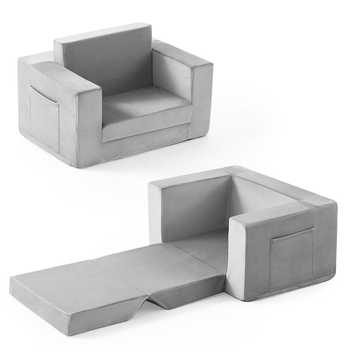 Kids Couch, 2-in-1 Toddler Chair Comfy 1-3 Years, Convertible Kids Chair, Toddler Couch That Fold Out, Kid Lounge Chairs for Boys and Girls, Soft Coral Fleece, Grey