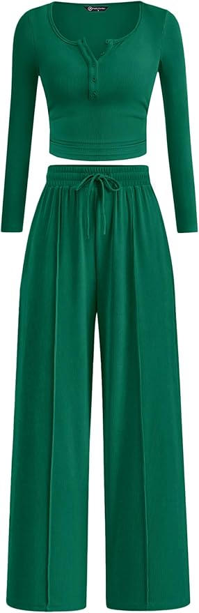 PRETTYGARDEN Women's 2026 Fall Trendy 2 Piece Outfits Lounge Sets Long Sleeve Top Henley Shirts Wide Leg Pants Travel Clothes