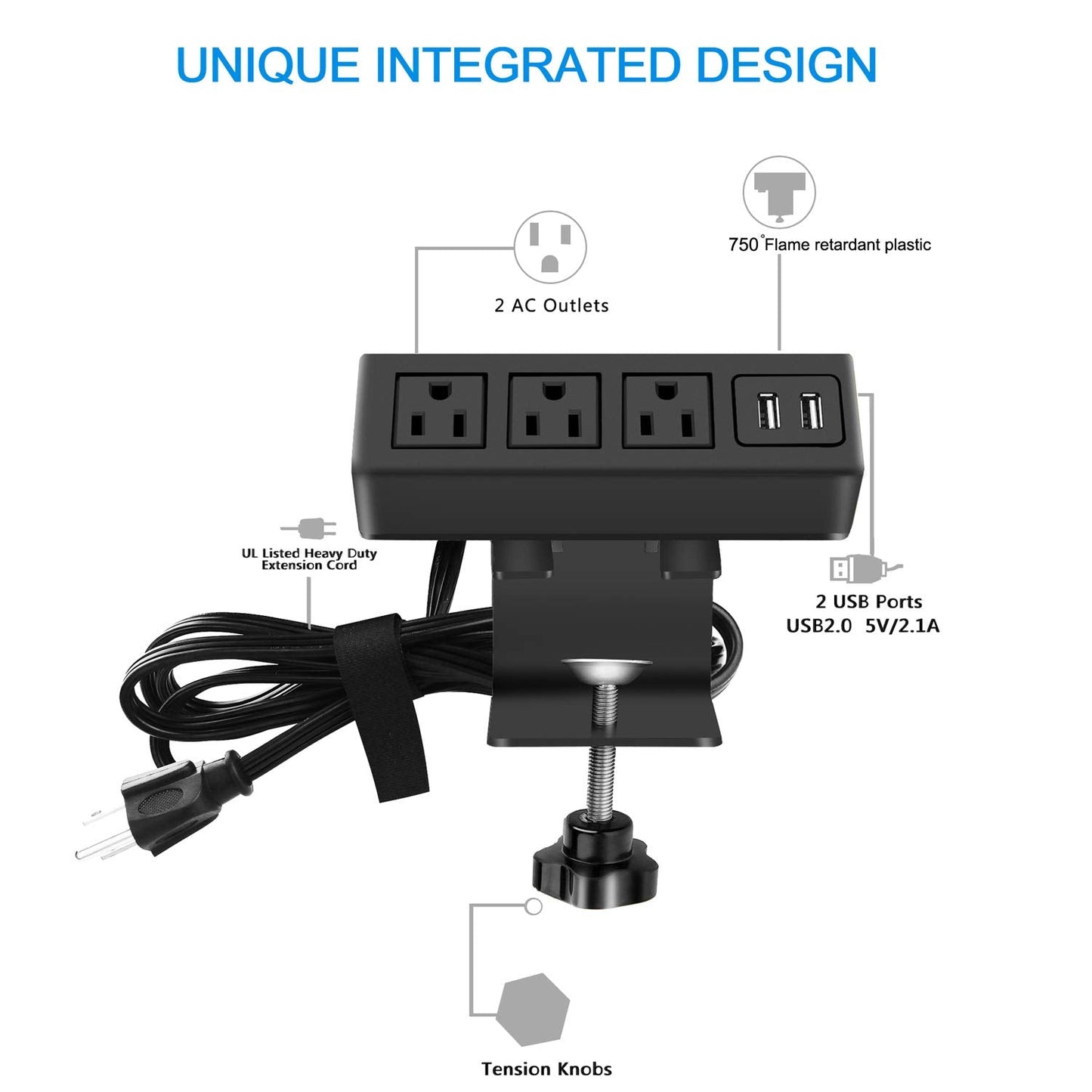 CCCEI 3 Outlet Desk Clamp Power Strip with USB Ports, Desktop Power Strip Surge Protector 1200J. Table Mount Charging Power Station, on Edge Power Outlet 125V 12A 1500W.