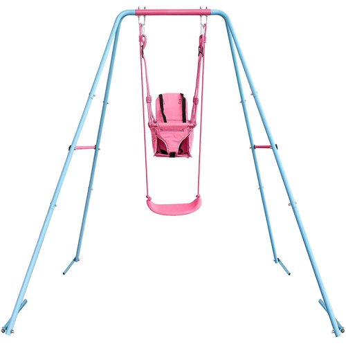 JYGOPLA 2-in-1 Toddler Swing Set with Metal Stand, Safety Belt & 4 Anchors - A-Frame Swing for Kids 6 Months+ (Pink, Indoor/Outdoor Backyard Playground)
