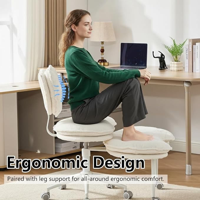 Cross Legged Office Chair with Wheels, Double-Layer Cushion & Backrest, 360° Swivel Meditation Yoga Chair, Adjustable Height Ergonomic Desk Chair for Adults & ADHD, Teddy Fabric, Ivory