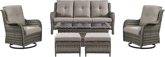 Rilyson Wicker Patio Furniture Set - 6 Piece Rattan Outdoor Sectional Conversation Sets with 2 Swivel Rocking Chairs,2 Ottomans,1 Sofa and 1 Coffee Table for Porch Deck Garden(Mixed Grey/Grey)
