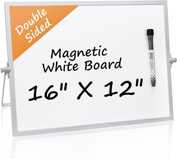 Dry Erase Magnetic White Board, 16" x 12",Double-Sided Desktop Whiteboard with Stand, Portable Magnetic Tabletop Erase Boa...