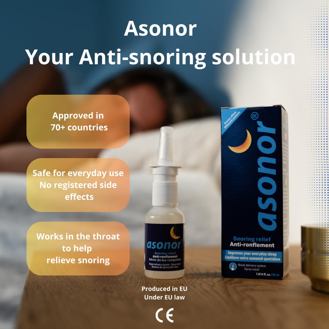 Asonor Snoring Nasal Spray - Fast Snore Stopper Drops for Better Sleep, Natural Breathing Relief - Helps Open The Throat & Air Passage While Sleeping - No Pain, Natural Anti Snoring Solution - 30ml