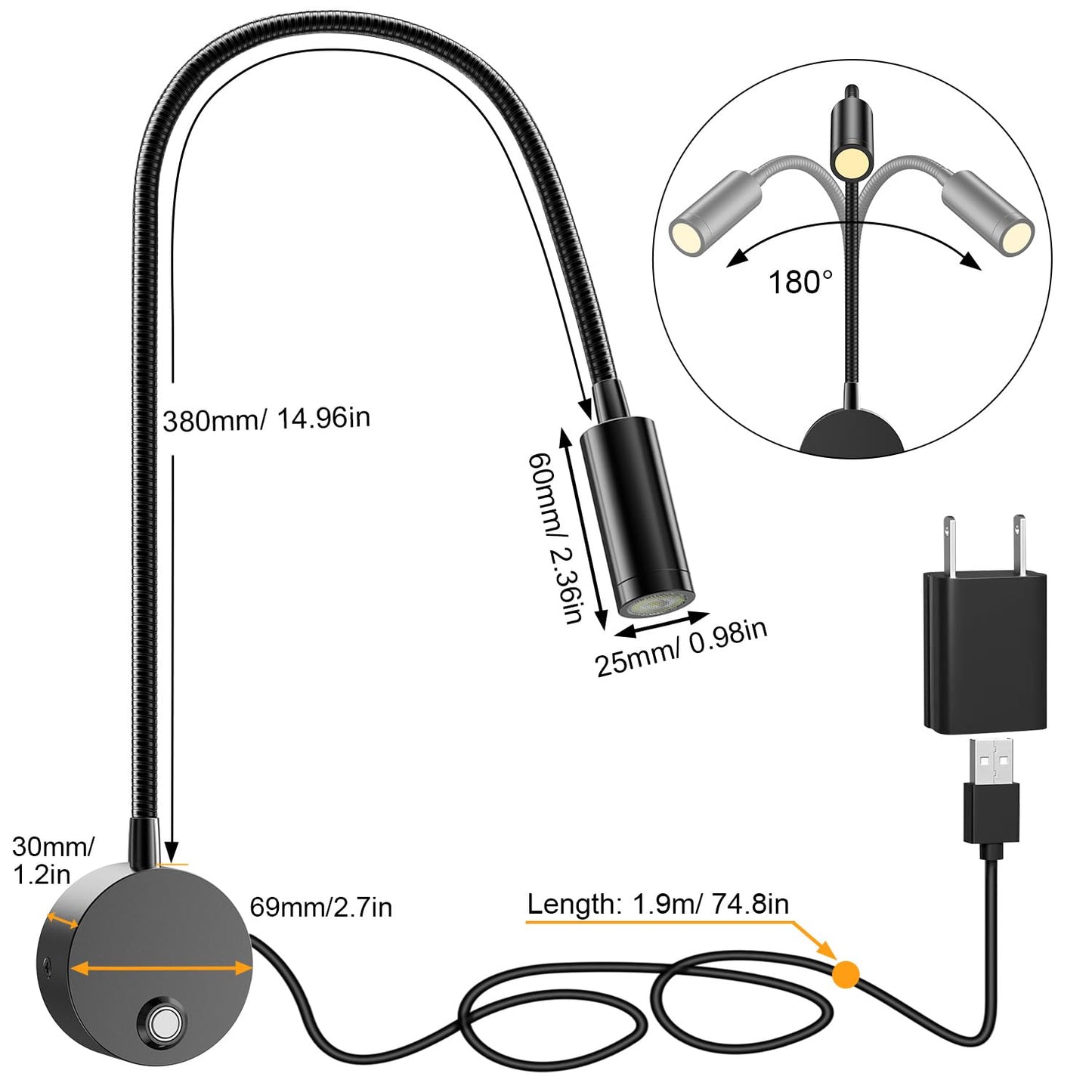 ERAY Plug-in LED Wall Mount Reading Light with 15" Flexible Gooseneck & USB Charging Port Dimmable Focused Bedside Reading Lights Black-1 Pack