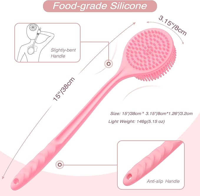 Manmihealth Silicone Back Scrubber(Thin Bristles) & Soft Bath Brushes Set, Super-Cleaning Body Scrubber & Super-Lathering Soft Bath Glove Combination, with a Free Hook.(Pink)