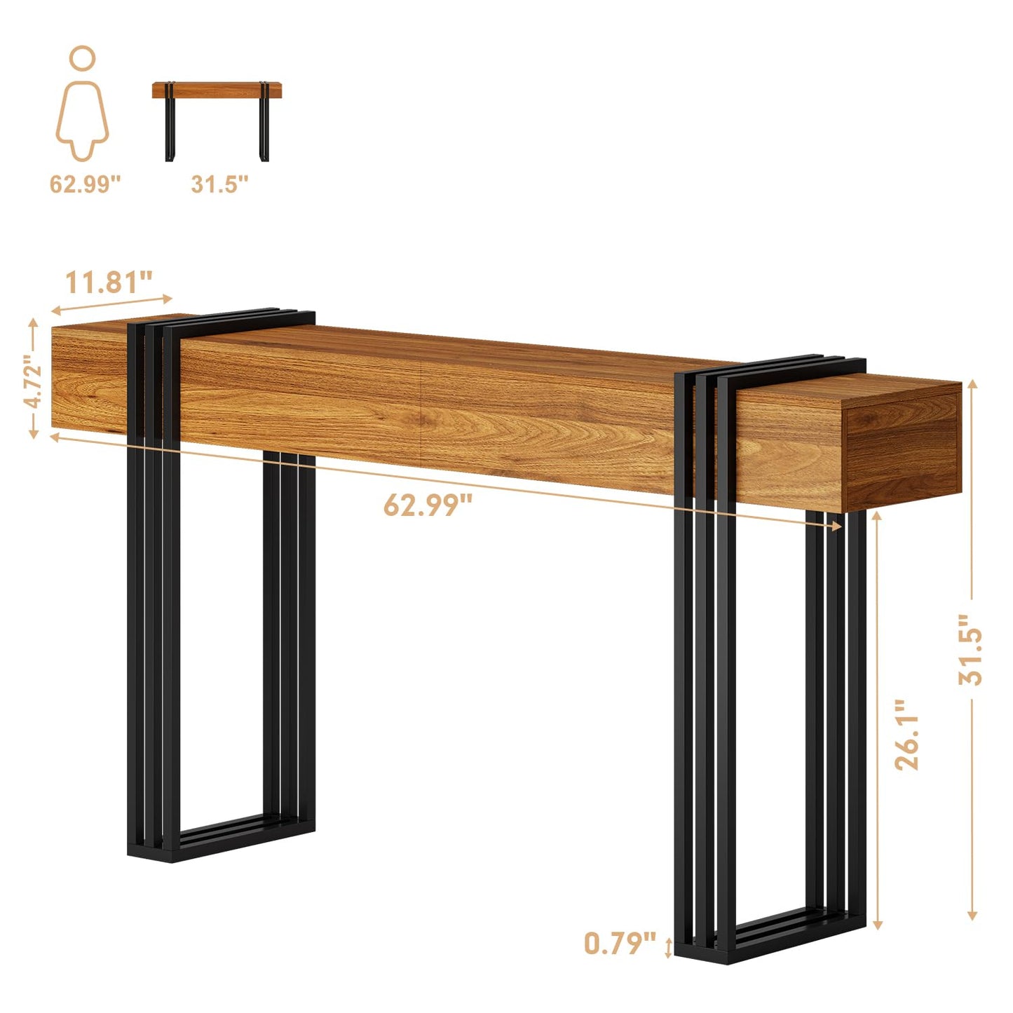 knoworld 63 Inch Long Console Table, Industrial Sofa Table Behind The Couch Rectangular Entryway Table for Entrance Hallway Living Room, Brown