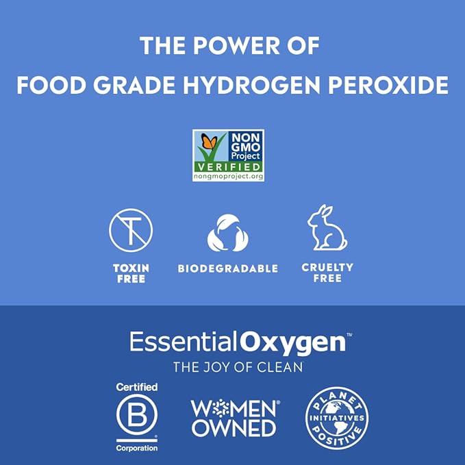 Essential Oxygen, Food Grade Hydrogen Peroxide, 8 + 32 fl oz, Natural Cleaner, 3%, 1 - 8 fl oz spray and 1 - 32 fl oz bottle, Refill, HP (Pack of 2)