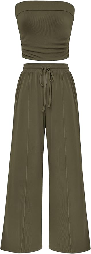 PRETTYGARDEN Womens Summer Outfits 2 Piece Sets Casual Ribbed Knit Crop Tube Top Wide Leg Pants Spring Matching Lounge Set