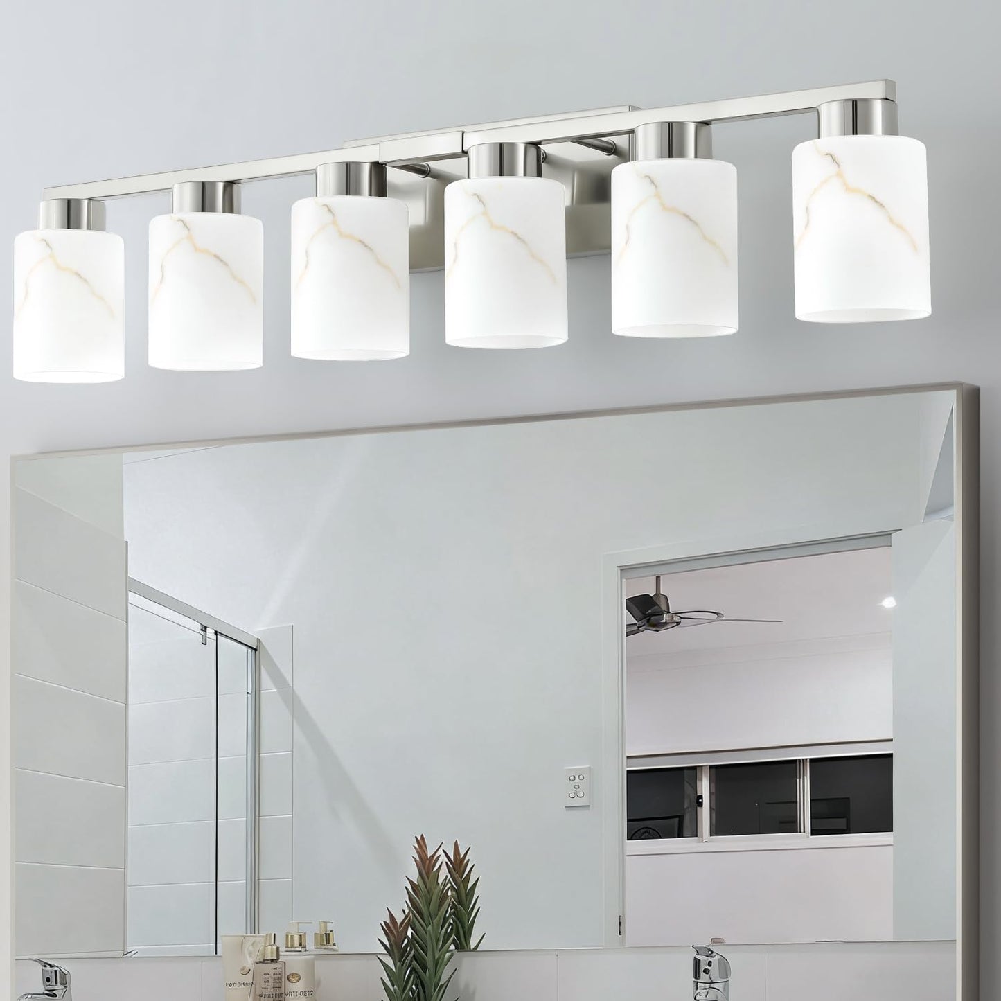 Mieloxiy 6-Light Bathroom Light Fixtures, Modern Vanity Lights, Brushed Nickel Metal Wall Lamp with White Marble Glass for Bathroom, Mirror, Living Room, Bedroom, Cabinet, Porch, Hallway, E26 Base