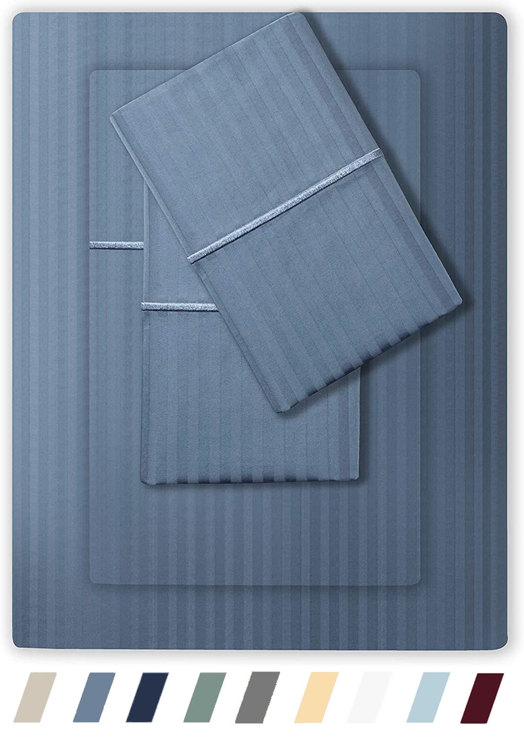 Feather & Stitch 500 TC Split King Size Sheet Set, 5 Piece Bed Sheets Set-2 Twin Fitted Sheet, 1 King Flat Sheet & 2 King Pillowcases, 18" Deep Pockets Sateen Weave Striped Bedsheet - (Blue)