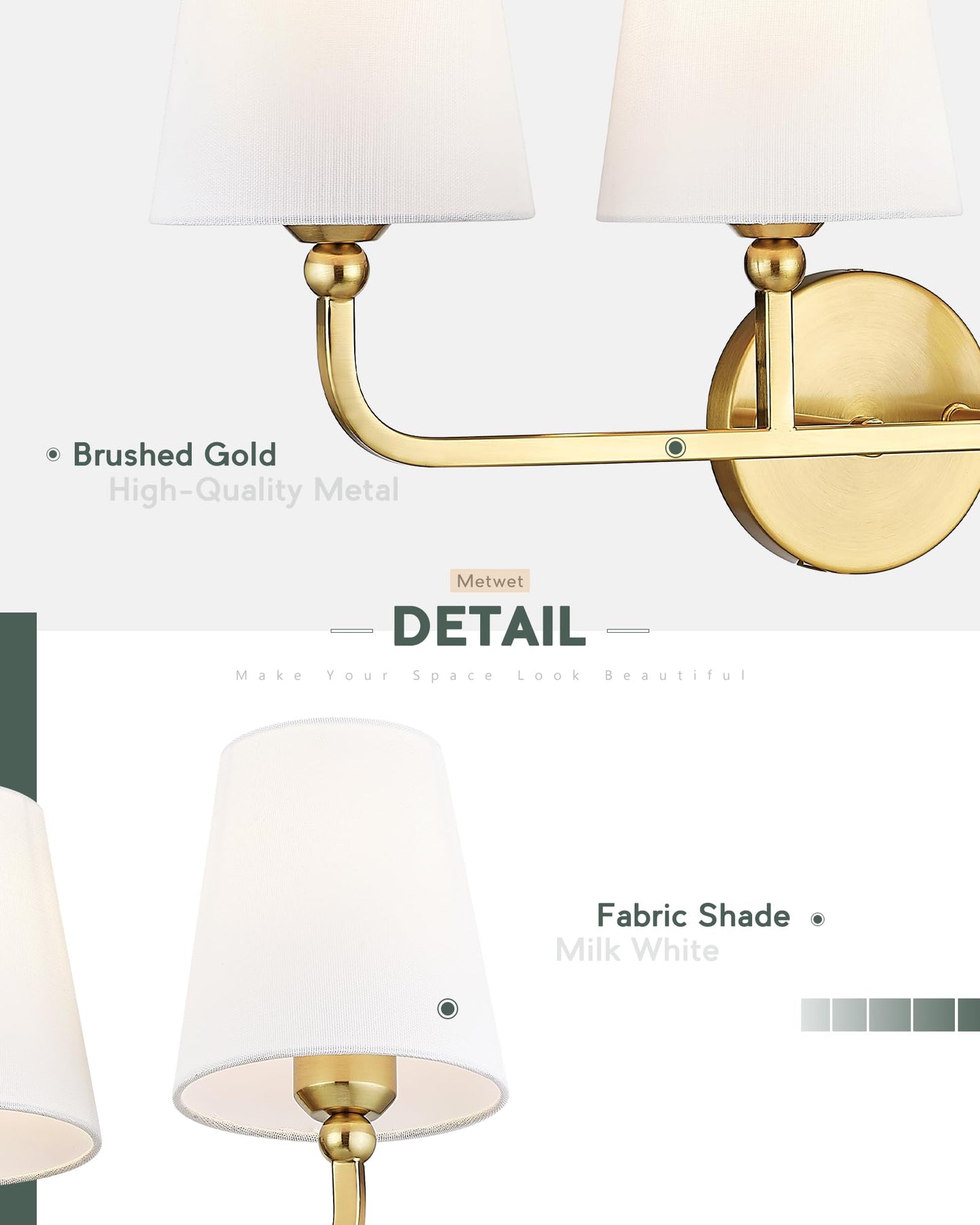 METWET Bathroom Light Fixtures, 4 Light Brushed Gold Vanity Lights with Flared White Fabric Shade, 28 Inch Wall Sconce, Modern Sconces Wall Lighting for Hallway Bedroom, VL837-BG-4