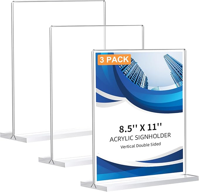 3 Pack Acrylic Sign Holder 8.5 x 11, Double-Sided Clear Sign Holder Plastic Stands for Display, T Shape Acrylic Table Sign...