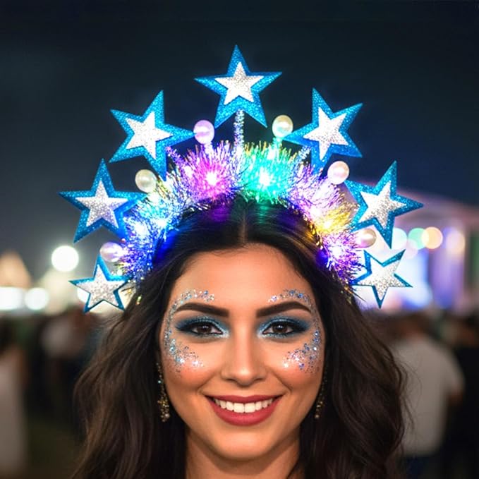 Urieo Light Up Star Headband Led Pearl Halo Headpiece Glow Rave Hair Accessories for Women
