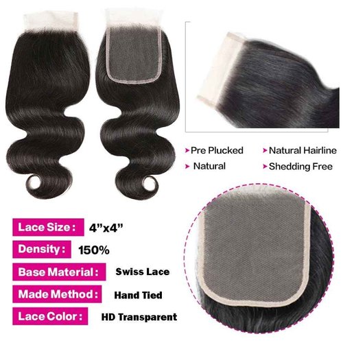 SIIKAP Body Wave Bundles with Closure (18 20 22+16，Free Part) Brazilian Body Wave Unprocessed Virgin human hair 3 bundles with 4x4 Lace Closure Natural Color