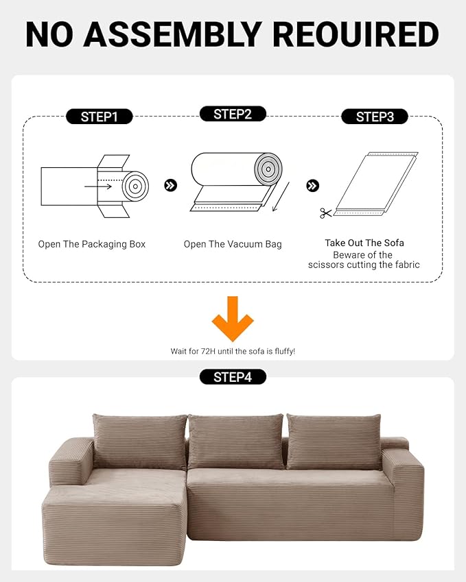 96 Inch Cloud Sectional Couch,Modern Modular Sectional Sofa with Deep Seat,Corduroy Boneless Couches with L-Shape Chaise for Living Room Bedroom,No Assembly Required (Camel, Left Facing Chaise)