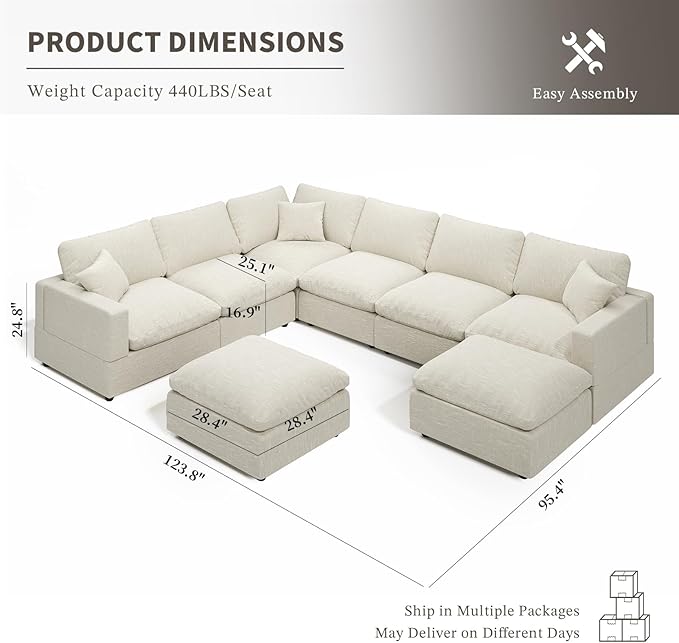 Cloud Couch Modular Sectional Sofa, 123.8" 8-Seater U Shaped Sectional Couches for Living Room, Convertible Cloud Sofa with Ottoman, Down Filled Wide & Deep Seat, Removable Washable Cushion Covers