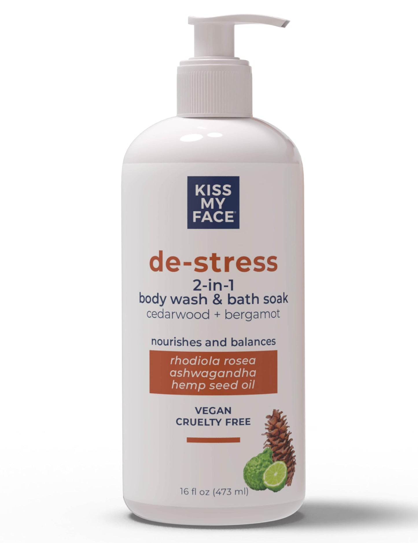 Kiss My Face De-Stress 2-in-1 Body Wash & Bath Soak Cedarwood + Bergamot - Vegan Body Wash - 16 oz Bottle with Pump (Cedarwoord