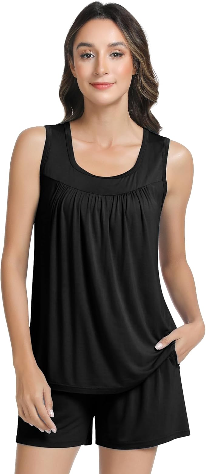 NACHILA Pajamas for Women-Viscose from Bamboo, Ribbed Racerback Tank Top Sexy Split Shorts Pajama Sets Cooling Sleep Cami Pjs