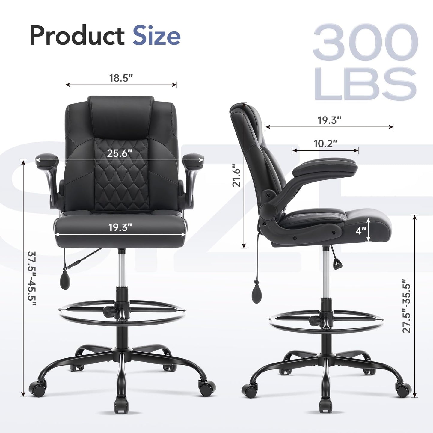 Morkprism Leather Drafting Chair, Tall Office Chair for Standing Desk, High Executive Office Chair with Inflatable Lumbar Support,Adjustable Height,Flip-up Armres and Foot Ring Studio Chair Black
