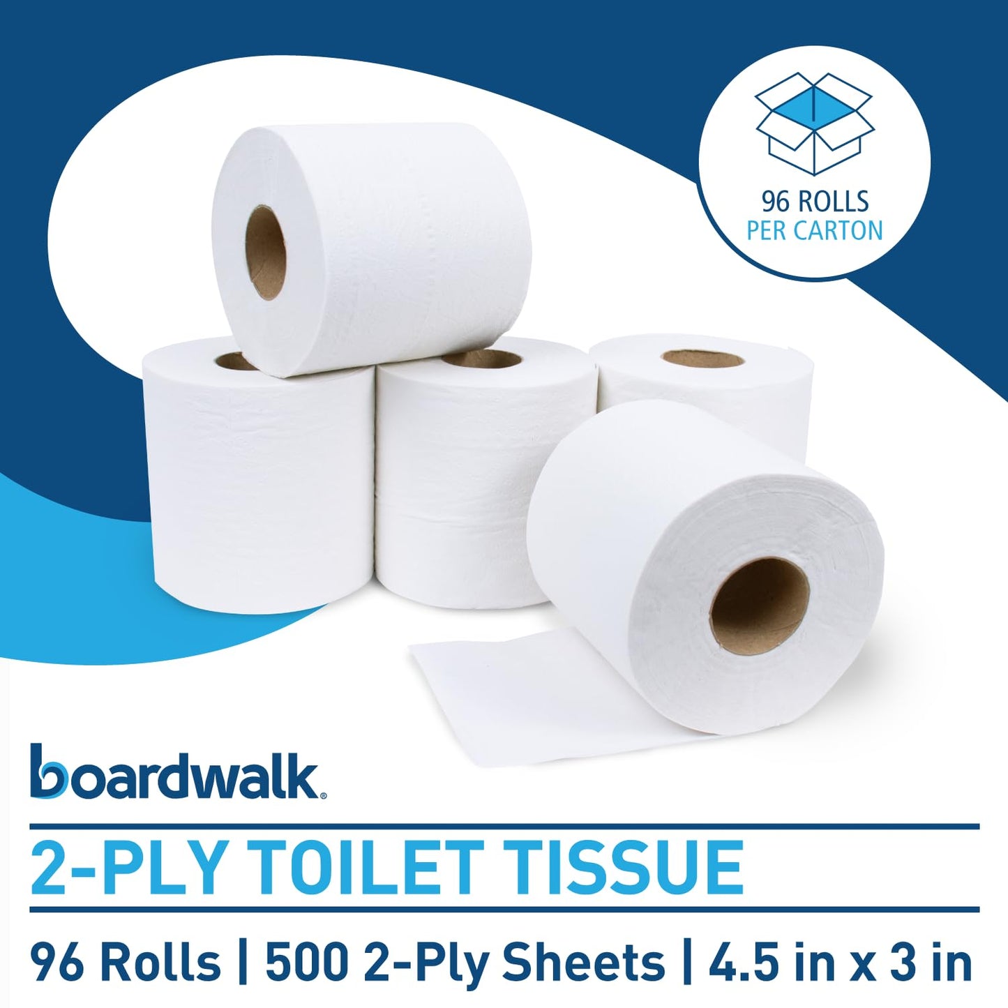 Boardwalk 2-Ply Bulk Toilet Paper Rolls for Professional and Commercial Use | 125 Feet Septic Safe Single Roll Toilet Paper Rolls | 500 White 4.5" x 3" Sheets per Roll | 96 Count per Box